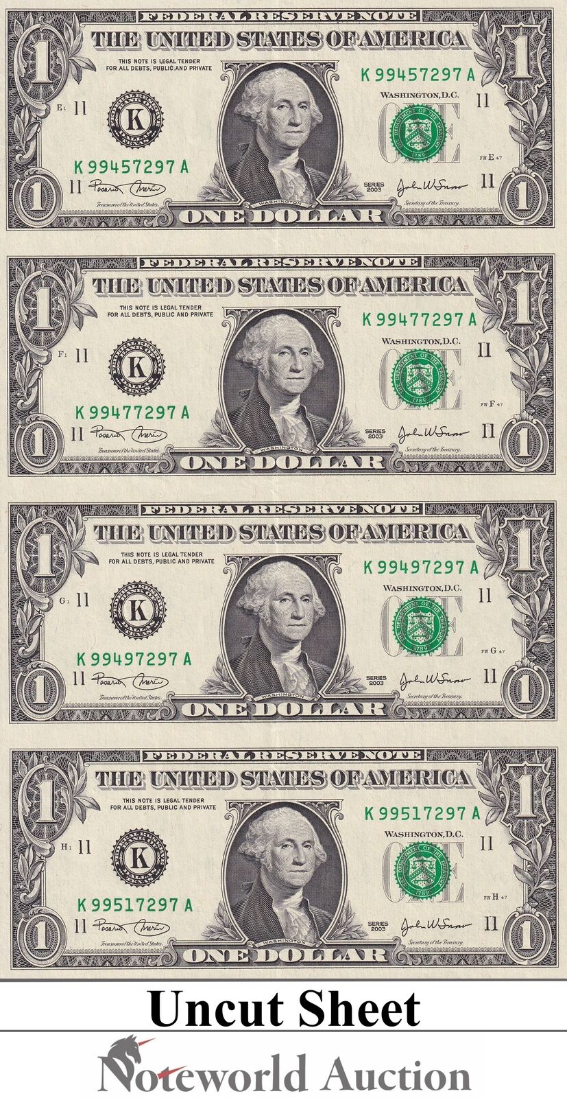 UNITED STATES USA 1 Dollar 2003 P 515a K-Dallas TX UNCUT 4 IN 1 UNC