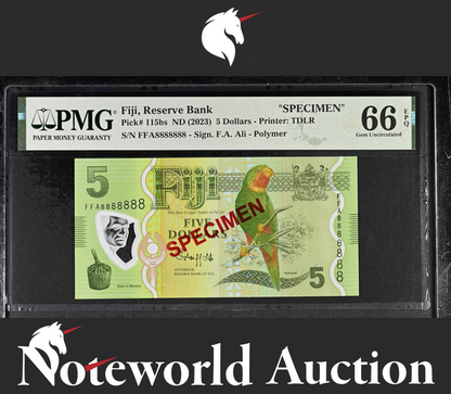 Fiji 5 Dollars ND (2023) P 115bs Polymer SPECIMEN SOLID 8 UNC PMG 66 EPQ