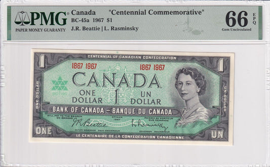 CANADA Centennial Commemorative 1 Dollar 1967 BC-45a UNC PMG 66 EPQ