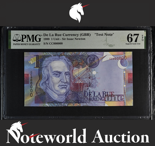 De La Rue (GBR) TEST NOTE - 1 Unit 1999 Sir Isaac Newton Specimen UNC PMG 67 EPQ