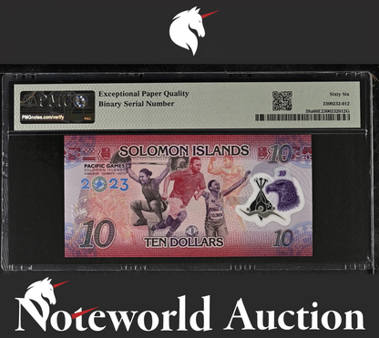 Solomon Islands COMM. 10 2023 P 39a Polymer Binary S/N 000111 UNC PMG 66 EPQ