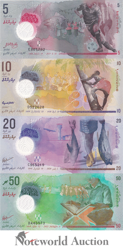 MALDIVES Set 4 pcs - 5 10 20 50 Rufiyaa 2017-2022 P A26 26-28 Polymer UNC