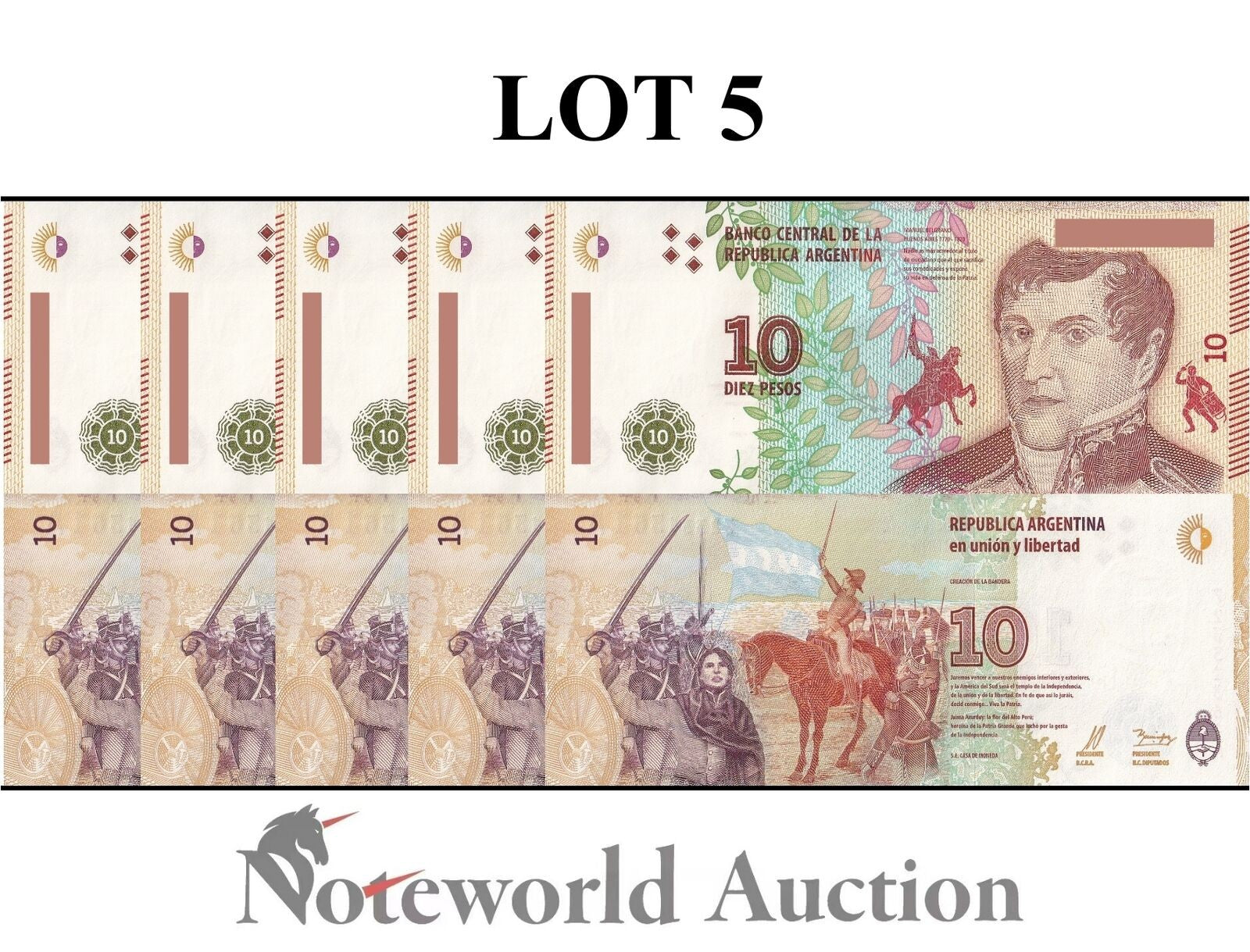 ARGENTINA 10 Pesos ND 2016 P 360 Lot 5 pcs 1/20 Bundle UNC