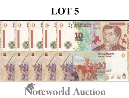 ARGENTINA 10 Pesos ND 2016 P 360 Lot 5 pcs 1/20 Bundle UNC