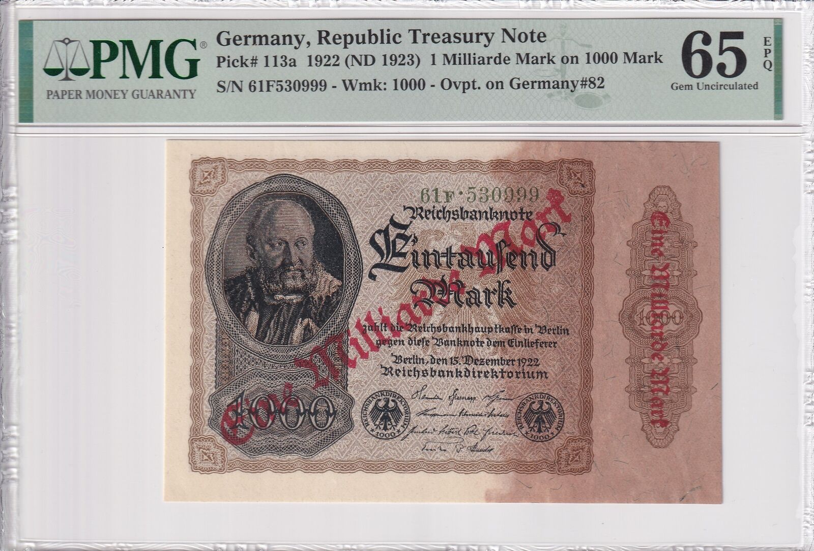 GERMANY TREASURY 1 Milliarde 1000 Mark 1922 P 113a No.530999 UNC PMG 65 EPQ