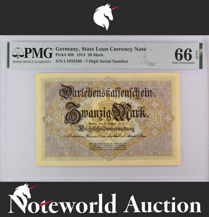 Germany State Loan Currency Note 20 Mark 1914 P 48b UNC PMG 66 EPQ TOP POP