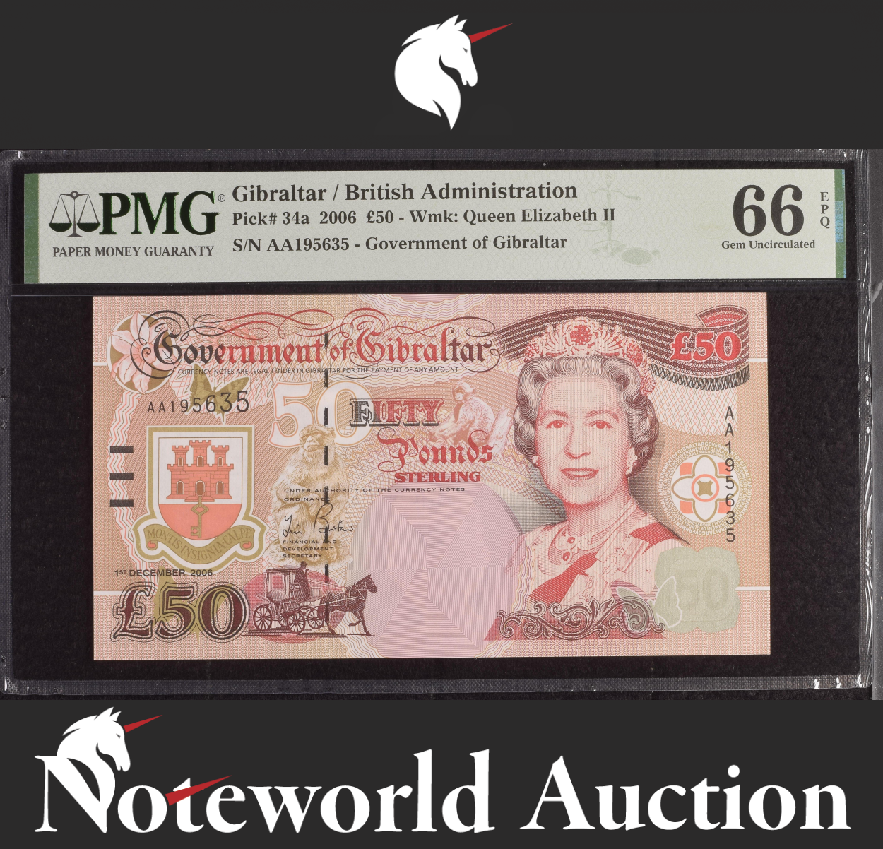 Gibraltar British Administration £50 2006 P 34a First Prefix AA UNC PMG 66 EPQ