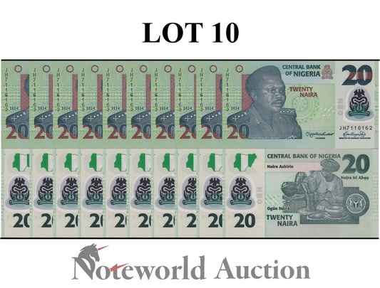 NIGERIA Lot 10 pcs 1/10 Bundle - 20 Naira 2024 P 34 Polymer UNC