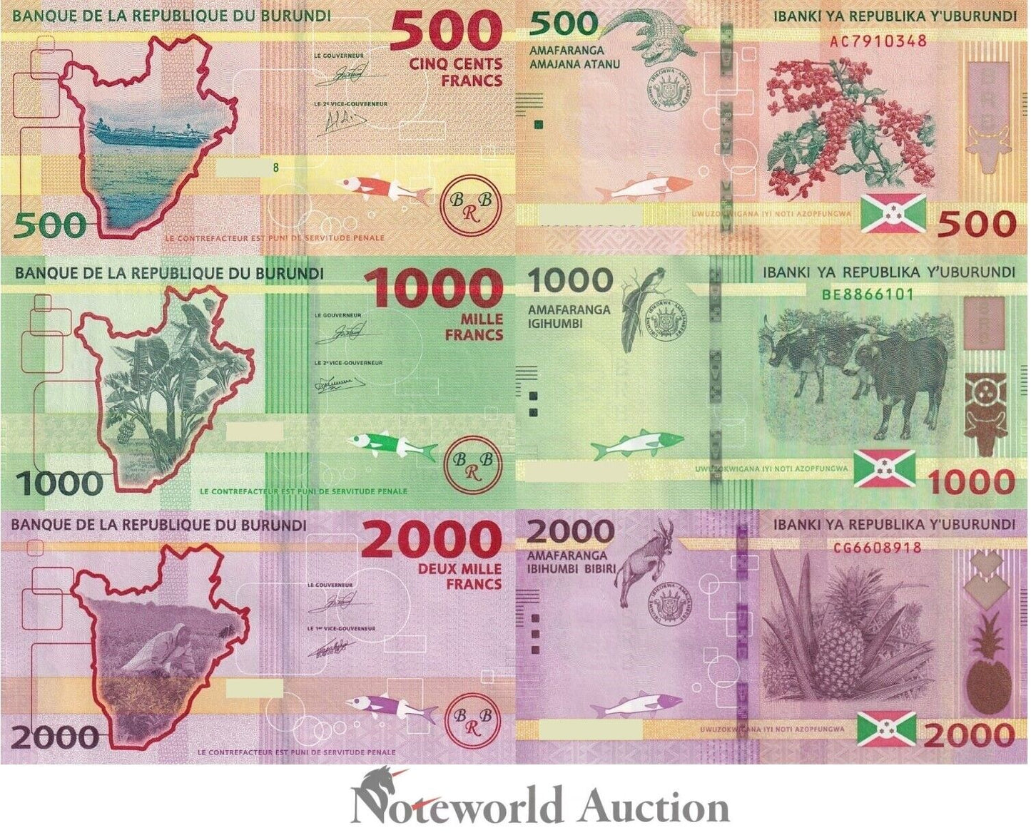 BURUNDI Set 3 pcs - 500 1000 2000 Francs 2015-2021 P 50-52 UNC