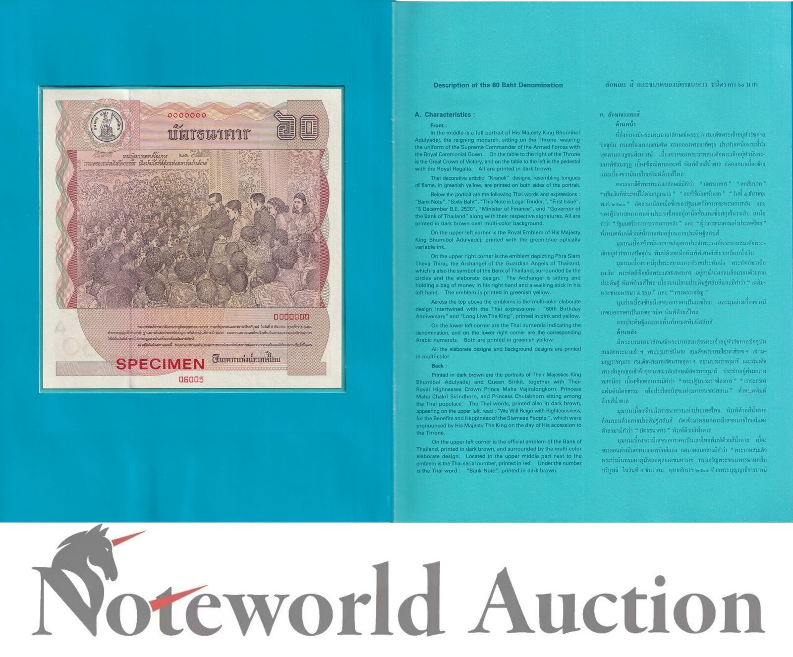 COMM. - THAILAND 60 Baht 1987 P 93 60th Birthday Original Folder UNC Specimen 