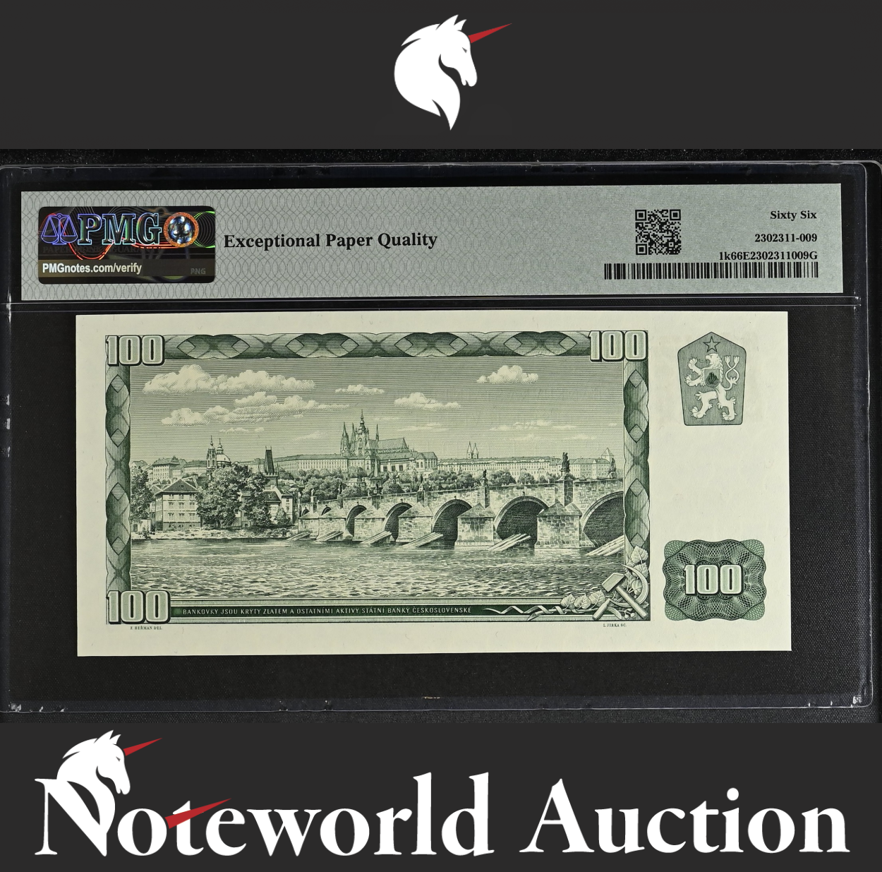 Czech 100 Korun 1961 (ND 1993) P 1k Stamp on P 91 UNC PMG 66 EPQ NR No Reserve