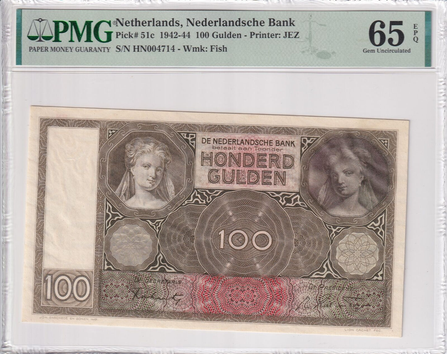 NETHERLANDS 100 Gulden (1942) 1942-44 P 51c UNC PMG 65 EPQ