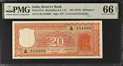 INDIA 20 Rupees 1972 P 61A With Holes Fancy 999 2nd TOP POP UNC PMG 66 EPQ