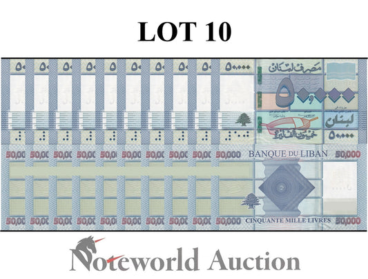 LEBANON 50000 Livres 2019 P 94 Lot 10 pcs 1/10 Bundle UNC