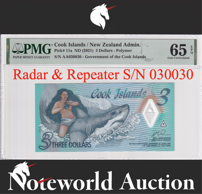 Cook Islands 3 Dollars 2021 P 11a Polymer Radar Repeater 030030 UNC PMG 65 EPQ