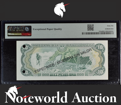 Dominican Republic SPECIMEN 10 Pesos 1996-98 P 153s UNC PMG 66 EPQ 2nd TOP POP