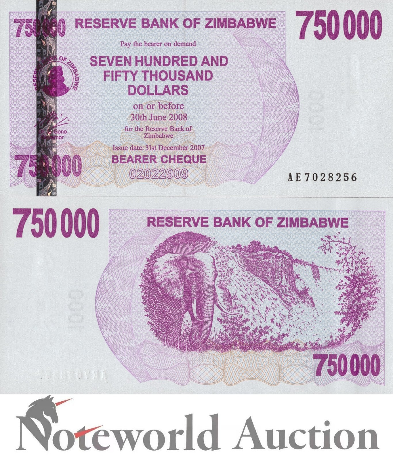 ZIMBABWE 750000 Dollars 2007 P 52 Lot 5 pcs 1/20 Bundle UNC