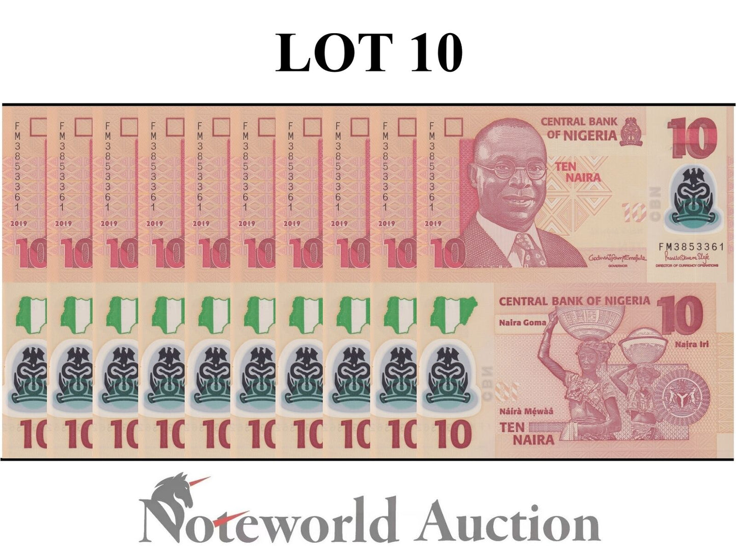 NIGERIA Lot 10 pcs 1/10 Bundle - 10 Naira 2019 P 39 Polymer UNC