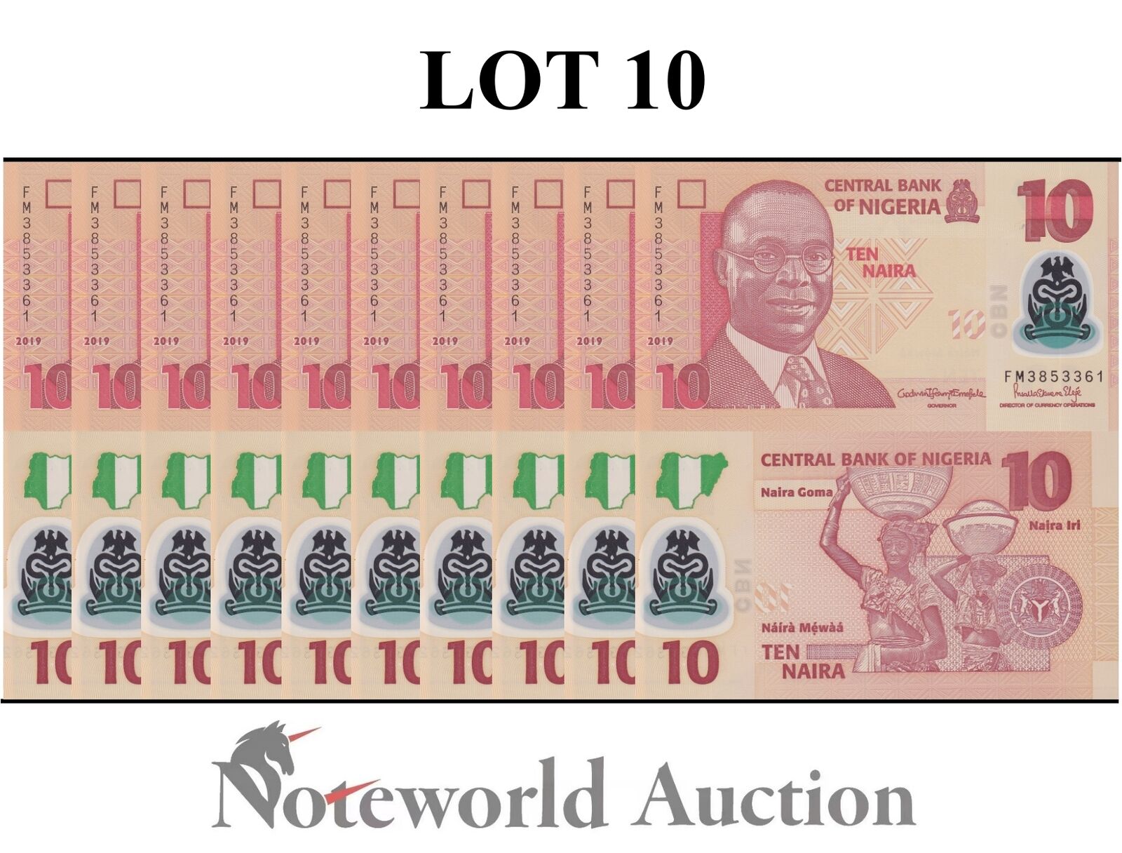 NIGERIA Lot 10 pcs 1/10 Bundle - 10 Naira 2019 P 39 Polymer UNC