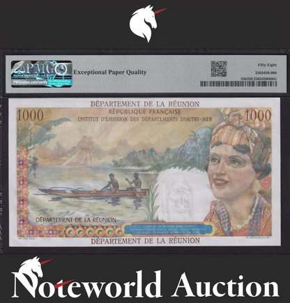 Reunion 20 Nouveaux Francs on 1000 Francs ND 1971 P 55b AU PMG 58 EPQ