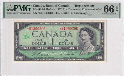 CANADA COMM. 1 Dollar 1967 BC-45bA-i Replacement UNC PMG 66 EPQ 2nd TOP POP