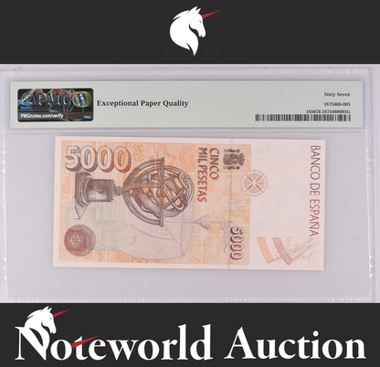 Spain 5000 Pesetas 1992 (ND 1996) P 165 UNC PMG 66 EPQ NR 2nd TOP POP