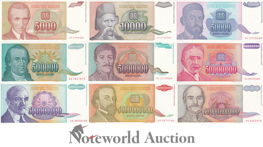 YUGOSLAVIA Set 9 pcs - 5000-50000000000 1993 P 128 129 130 131 132 133-136 UNC