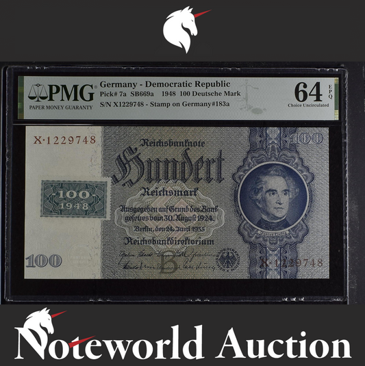 Germany 100 Deutsche Mark 1948 P 7a Stamp on Germany P 183a UNC PMG 64 EPQ