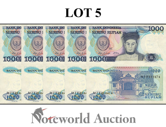 INDONESIA Lot 5 pcs 1/20 Bundle - 1000 Rupiah 1987 P 124 UNC