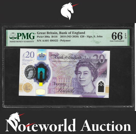 Great Britain 20 2018 (ND 2020) P 396a AA01 First Prefix Polymer PMG 66 EPQ