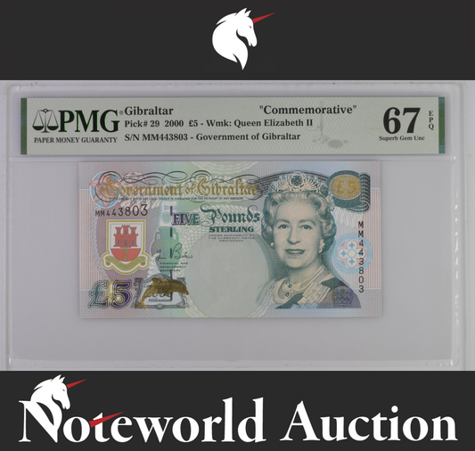 Gibraltar COMM. 5 Pounds 2000 P 29 Prefix MM UNC PMG 67 EPQ 2nd TOP POP