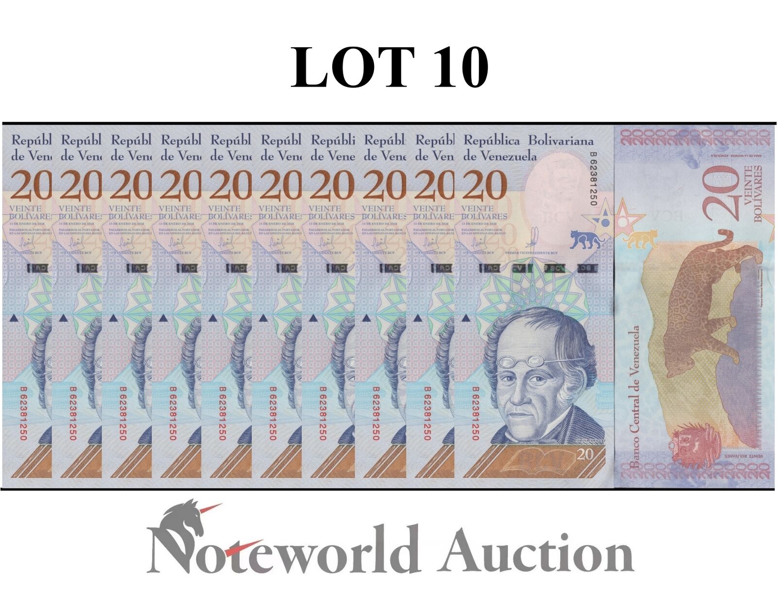 VENEZUELA Lot 10 pcs 1/10 Bundle - 20 Bolivares 2018 P 104 UNC