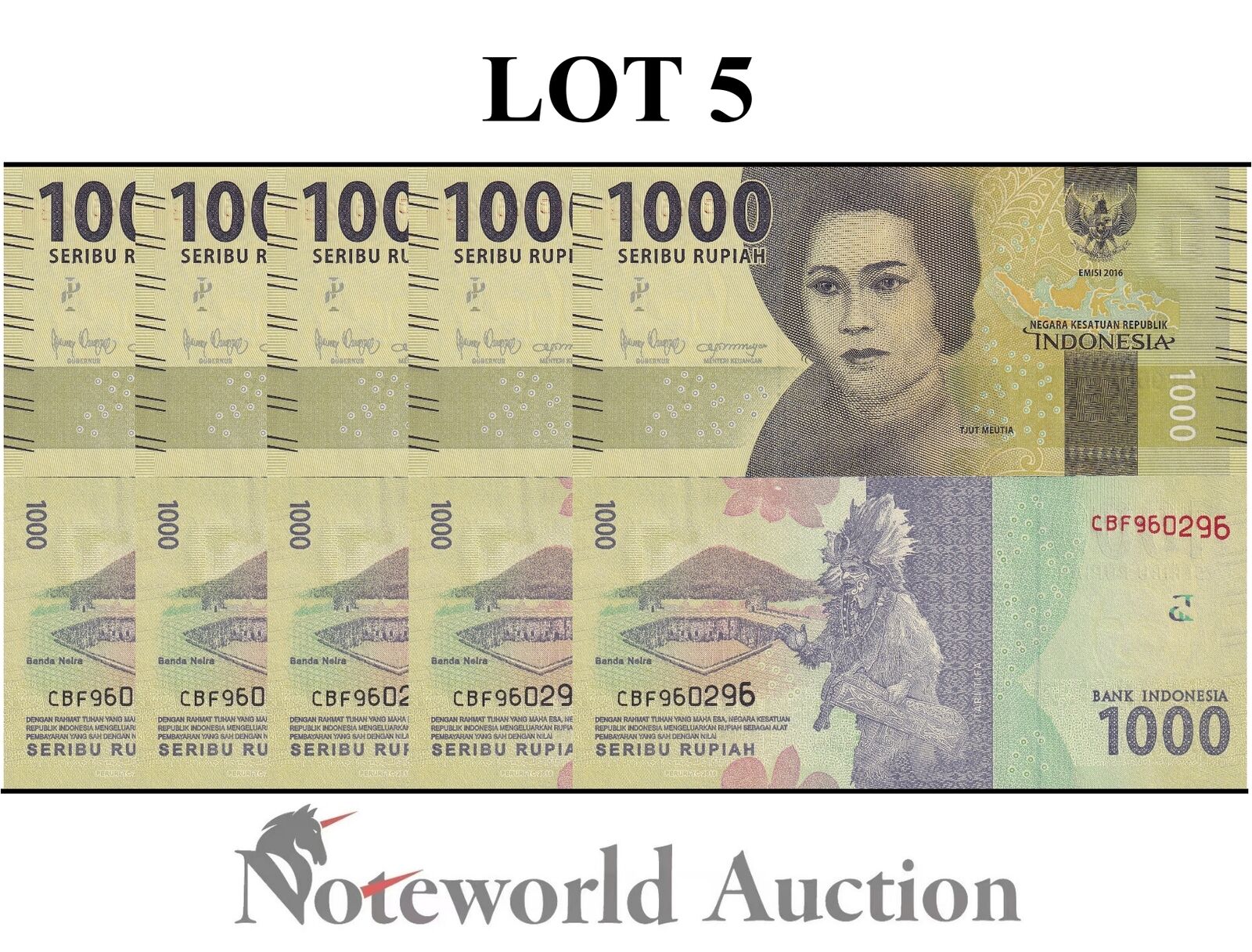 INDONESIA Lot 5 pcs 1/20 Bundle - 1000 Rupiah 2016/2019 P 154 UNC