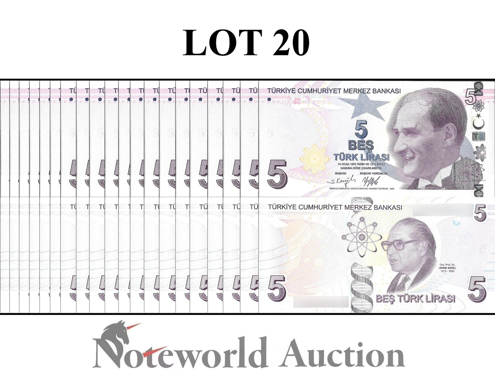 TURKEY 5 Turk Lirasi 2009/2022 P 222 Lot 20 pcs 1/5 Bundle UNC