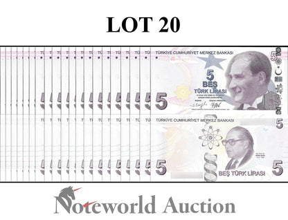 TURKEY 5 Turk Lirasi 2009/2022 P 222 Lot 20 pcs 1/5 Bundle UNC