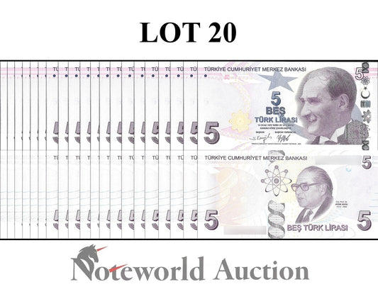 TURKEY 5 Turk Lirasi 2009/2022 P 222 Lot 20 pcs 1/5 Bundle UNC