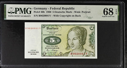 GERMANY FEDERAL REPUBLIC 5 Deutsche Mark 1980 P 30b 2nd Top POP UNC PMG 68 EPQ