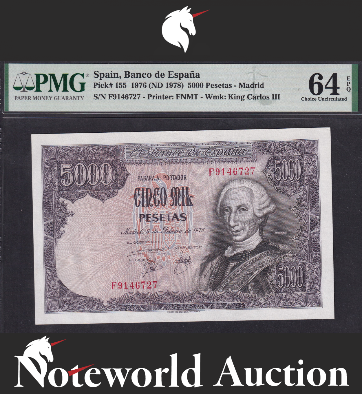 SPAIN Banco de Espa 5000 Pesetas 1976 (ND 1978) P 155 UNC PMG 64 EPQ