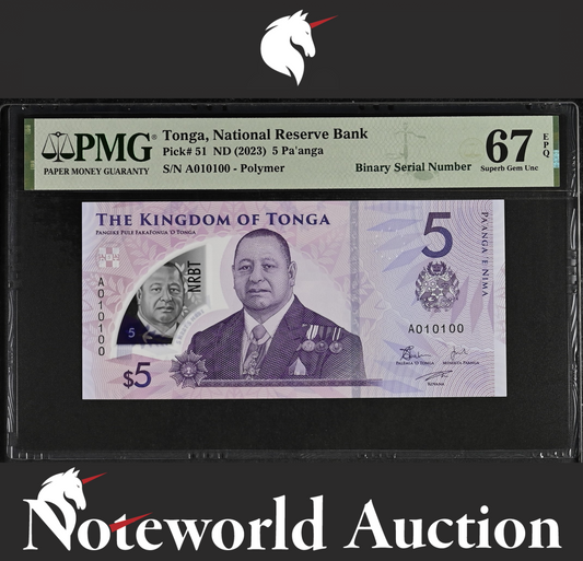 Tonga 5 Pa'anga 2023 P 51 Binary No. 010100 Polymer UNC PMG 67 EPQ 2nd TOP POP