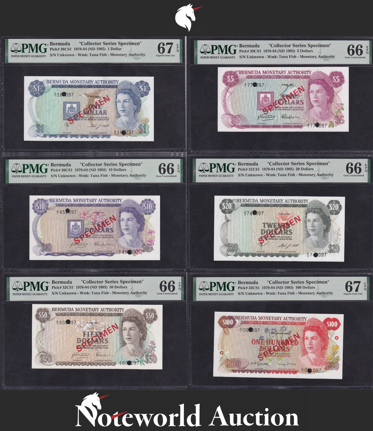 BERMUDA Set 6 p - 1 5-100 1978-84 Collector Series Specimen NO.097 UNC PMG EPQ