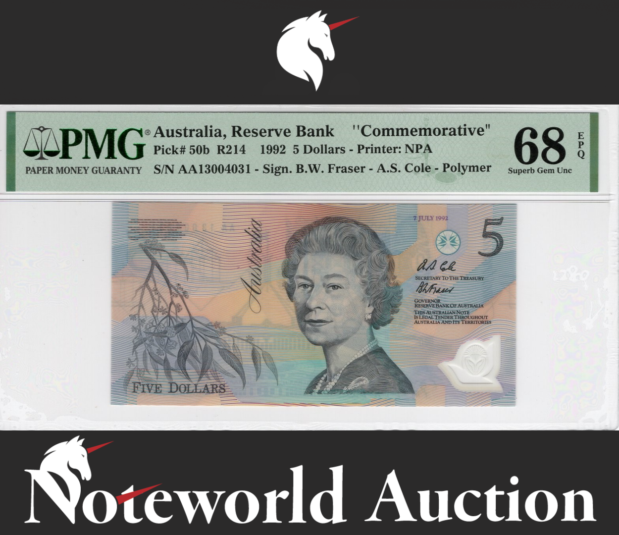 Australia COMM. 5 Dollars 1992 P 50b First Prefix AA UNC PMG 68 EPQ TOP POP