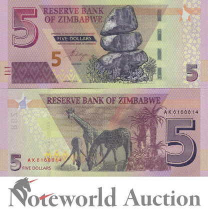 ZIMBABWE 5 Dollars 2019 P 102 UNC