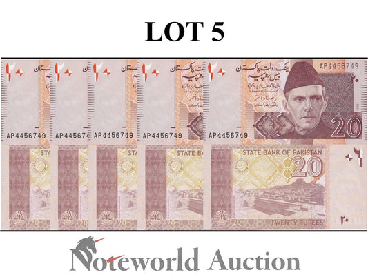 PAKISTAN Lot 5 pcs 1/20 Bundle - 20 Rupees 2006 P 46b UNC