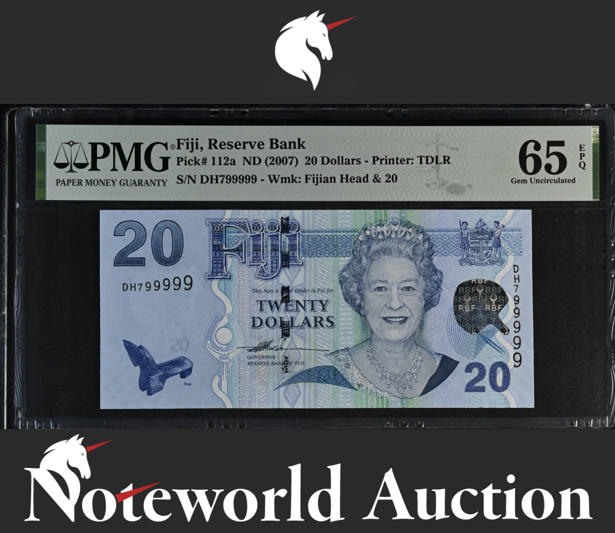 Fiji Reserve Bank 20 ND (2007) P 112a Almost SOLID No. 799999 UNC PMG 65 EPQ