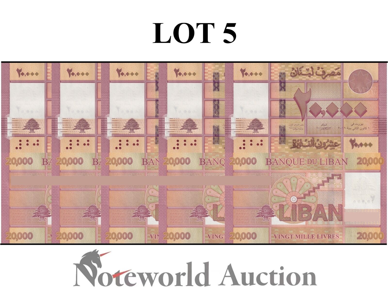 LEBANON Lot 5 pcs 1/20 Bundle - 20000 Livres 2019 P 93 UNC