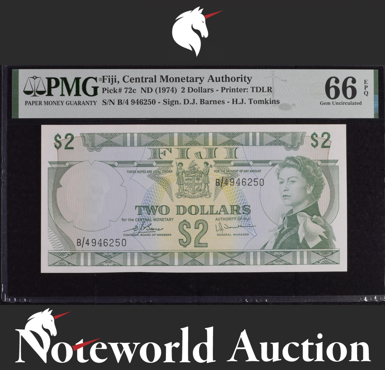 Fiji Central Monetary Authority 2 Dollar ND (1974) P 72c UNC PMG 66 EPQ NR