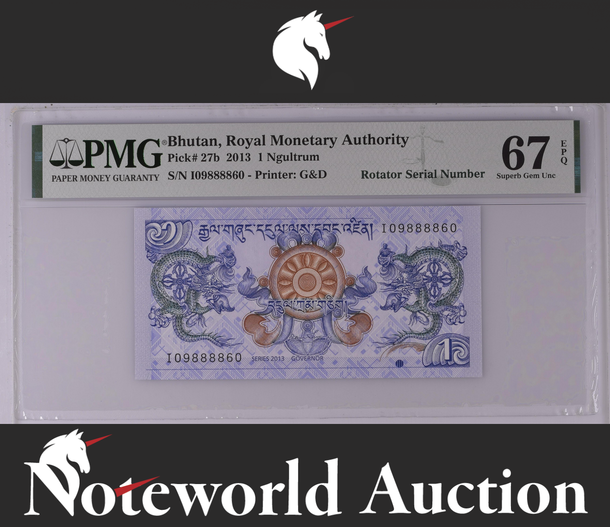 Bhutan 1 Ngultrum 2013 P 27b Rotator Serial No. 09888860 UNC PMG 67 EPQ