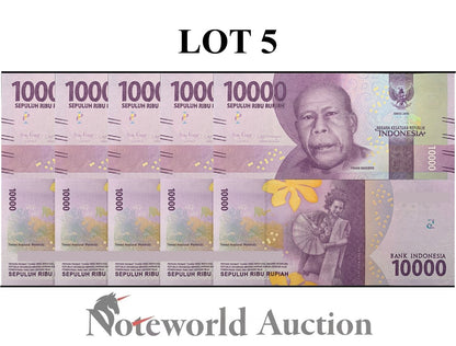 INDONESIA Lot 5 pcs 1/20 Bundle - 10000 Rupiah 2016/2021 P 157 UNC