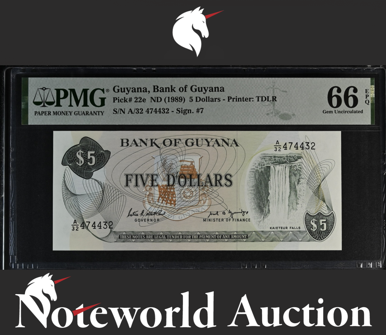 GUYANA Bank of Guyana 5 Dollars ND (1989) P 22e UNC PMG 66 EPQ