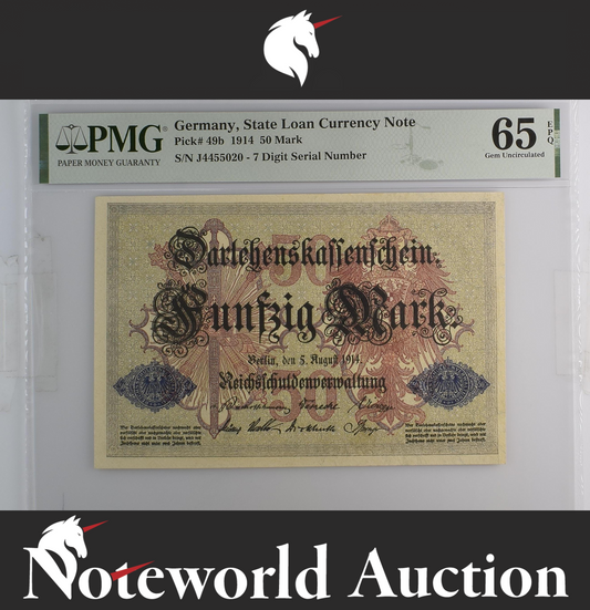 Germany State Loan Currency Note 50 Mark 1914 P 49b UNC PMG 65 EPQ 3rd TOP POP
